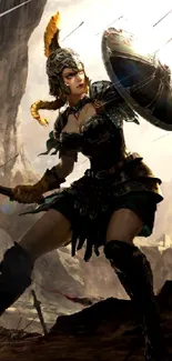 Epic scene of warrior woman in battle gear with dramatic backdrop.