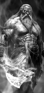 Epic black and white warrior with lightning in mythical style.