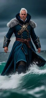 Epic warrior in blue coat stands strong amid ocean waves and stormy skies.