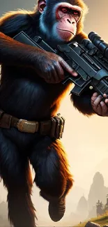 Chimpanzee warrior holding a futuristic weapon in a cinematic landscape.