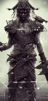 Epic fantasy warrior in dark, intricate armor against a gray backdrop.