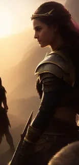 Epic female warriors at golden sunset in fantasy landscape.