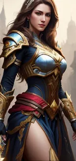 Fantasy warrior woman in detailed armor set in a medieval city backdrop.