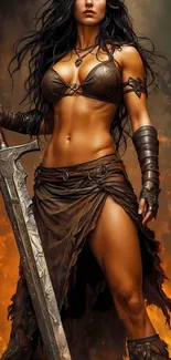 Fantasy warrior woman with sword and fiery background mobile wallpaper.