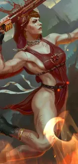 Dynamic fantasy warrior in red outfit with sword, dramatic pose.