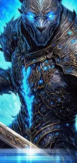 Epic fantasy warrior with glowing blue armor.