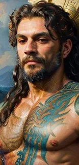 Majestic fantasy warrior with tattoos and ocean backdrop