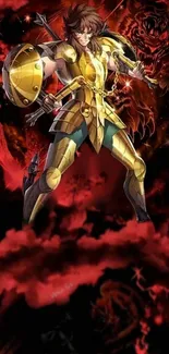 Anime warrior in golden armor with fiery red background.