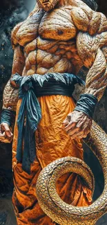 Epic warrior fantasy art with orange attire and muscular build.