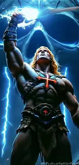 Warrior with raised sword amid lightning and skull backdrop.