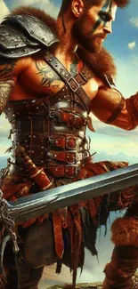 Epic fantasy warrior with sword in striking armor on a mountain cliff.