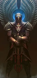 Fantasy warrior with wings in dark armor on a mystical background.