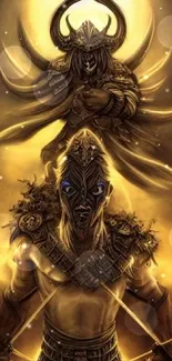 Epic fantasy warrior in golden tones with heroic pose.