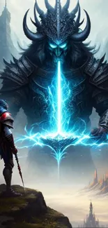 Epic fantasy wallpaper with armored warrior and glowing sword.