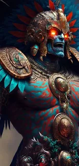 Epic fantasy warrior with vibrant teal armor and glowing eyes in detailed artwork.