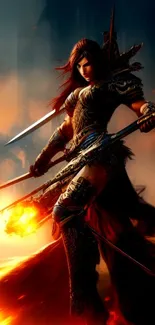 Epic female fantasy warrior in a fiery setting with swords drawn.