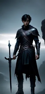 Epic warrior in dark armor holding a sword in a mystical landscape.