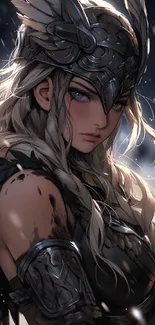 Epic anime warrior girl in dark armor with flowing blonde hair.