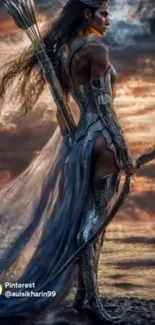 Epic warrior goddess with bow at sunset