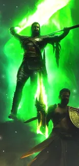 Warriors with green glowing aura in fantasy art.