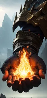 Warrior holding a flame with mountainous background in a fantasy scene.