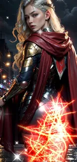 Warrior in metallic armor with red cape in nighttime city scene.