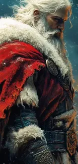 Epic warrior with red cloak in battle scene, fantasy theme.