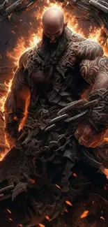 Epic warrior wrapped in chains with fiery backdrop.