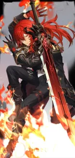 Red-haired warrior with sword engulfed in flames on a mobile wallpaper.