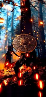 Epic warrior in a glowing fiery forest landscape wallpaper.