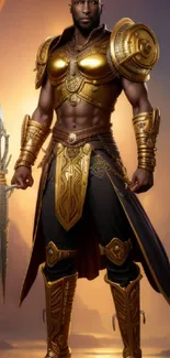 Warrior in golden armor holding a sword, set against an epic fantasy background.