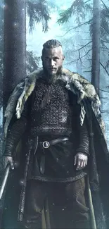 Warrior standing in a mystical forest with armor and fur cloak.