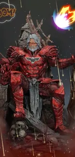 Epic warrior in red armor seated on a throne with dramatic effects.