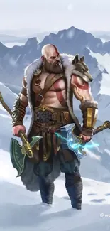 Epic warrior stands in snowy mountain landscape.