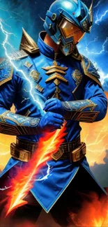 Epic warrior in blue armor with lightning and fiery sword.