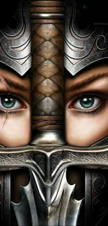 Epic warrior mask with sword and piercing eyes on wallpaper.