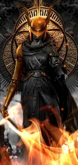 Epic medieval warrior with flames and golden armor, set in a dark castle.