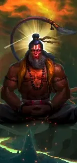 Epic warrior meditating in a vibrant, mystical landscape wallpaper.