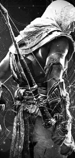 Warrior in detailed armor, monochrome theme.