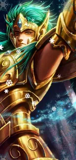 Epic warrior in golden armor with snowflakes on a starry background.