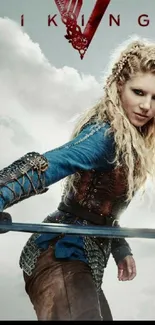 Epic female warrior from Vikings series with sword on a cloudy background.