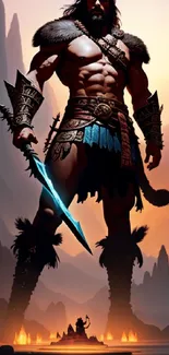 Epic warrior with sword in mystical landscape mobile wallpaper.