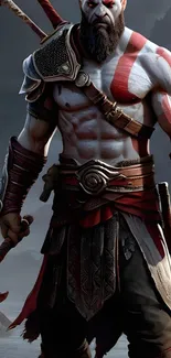 Epic warrior with red stripes and armor holding a weapon.