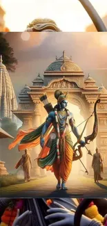 Epic warrior in vibrant attire with a temple background.