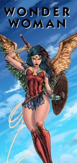 Wonder Woman in action with sword, shield, and wings against a blue sky.