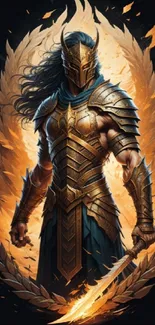 Epic warrior in golden armor holding fiery sword.