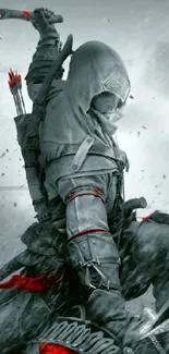 Warrior in grayscale with red accents in dynamic pose.