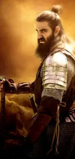 Epic bearded warrior with armor, fiery background.