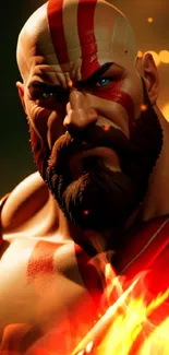 Fierce warrior with fiery red theme on mobile wallpaper.