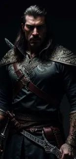 Epic warrior in medieval armor on dark background.